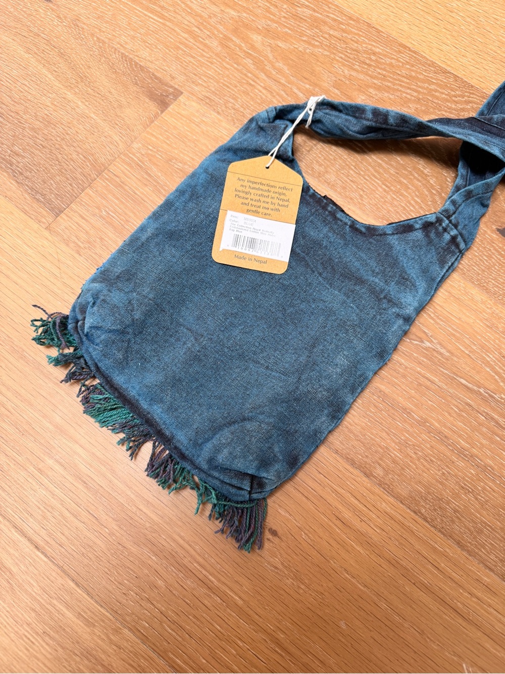 The Collection Cotton Boho Fringe Embroidered Butterfly Crossbody Bag Denim Blue - Picture 4 of 5